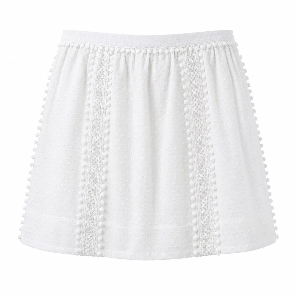 J.Crew Mini Skirt Crochet Lace White Cotton Swiss Dot Pom Pom Summer Boho 8 EUC - Picture 3 of 14